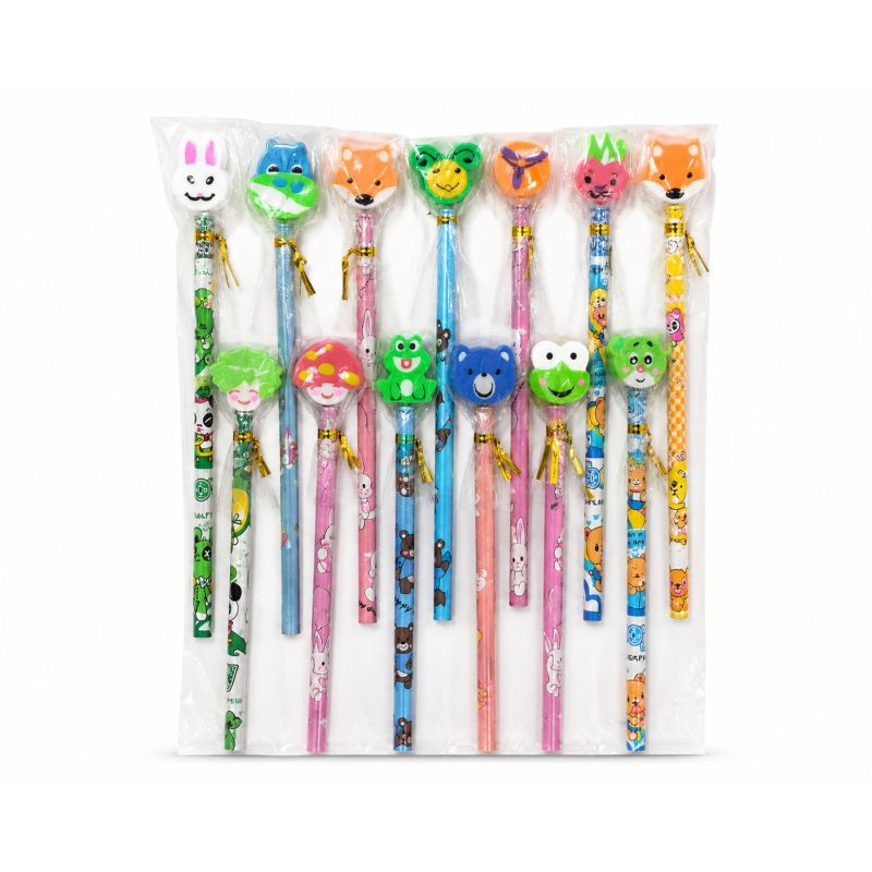 Pack of 24 Colourful Cartoon Pencils with Cute Animal Top Erasers | Wooden HB Graphite Writing Pencils | Kids School Stationery Set | Non-Toxic Gift Pack for Boys & Girls