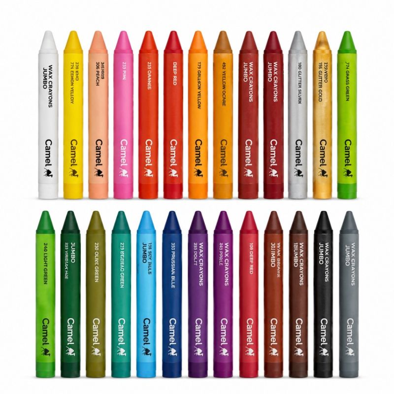 Camel Jumbo Wax Crayons 26 Shades (24 + 2 Free Glitter Crayons) | Bright & Smooth Coloring Crayons for Kids | Non-Toxic Jumbo Wax Colors | Art & Craft Drawing Kit for School & Home