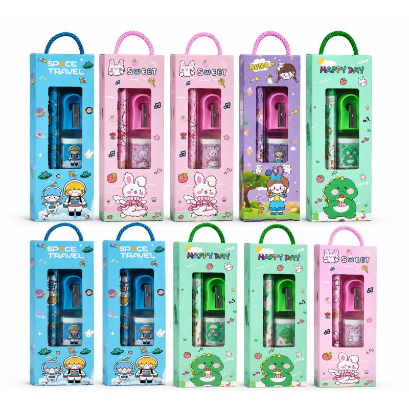 Birthday Party Return Gifts Mix Stationery Kit Set for Kids (Pack of 10) | Fancy Gift Box with Pencil, Ruler, Eraser & Sharpener | Cute Cartoon Theme | School Stationery Gift Set