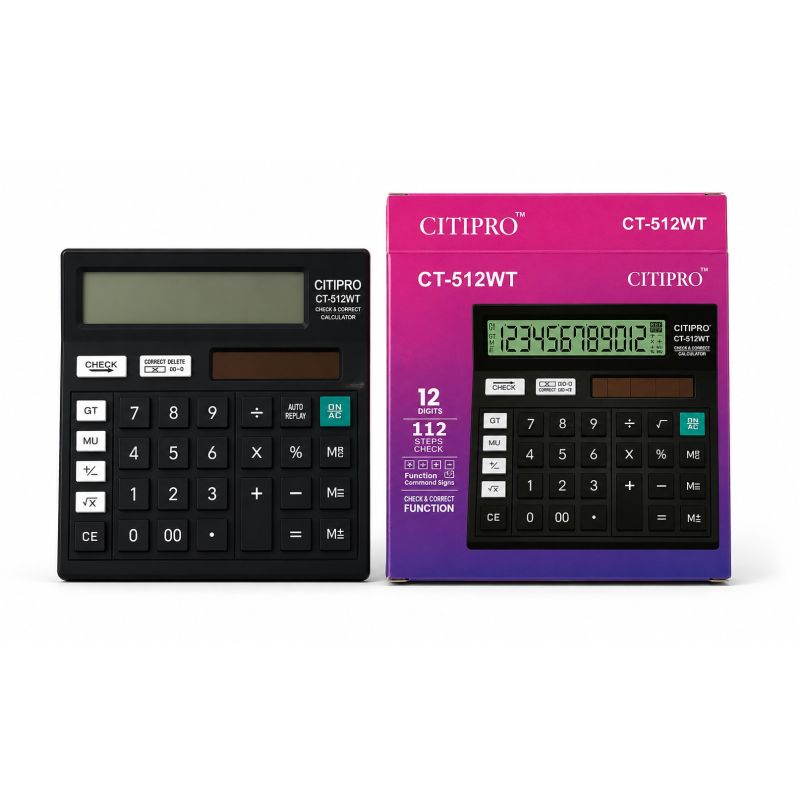 CITIPRO CT-512WT 12 Digit Check & Correct Calculator | Desktop Electronic Calculator with Large Display, Solar & Battery Powered | Office, School & Business Use