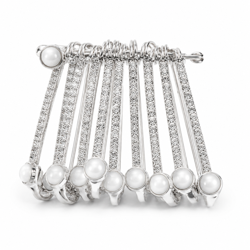 Silver Rhinestone Saree Pin with Pearl | Decorative Safety Pin Brooch for Saree, Dupatta, Shawl & Hijab | Women's Fashion Accessory (5 cm)