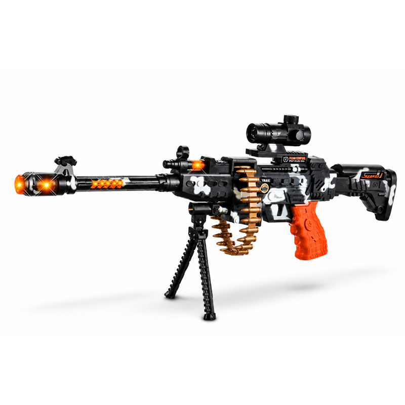 Toy Machine Gun for Kids with Lights & Sound, Battery Operated Gun Toy Set with Scope, Stand & Ammo Belt – Action Military Play Toy for Boys & Girls (Black & Orange)