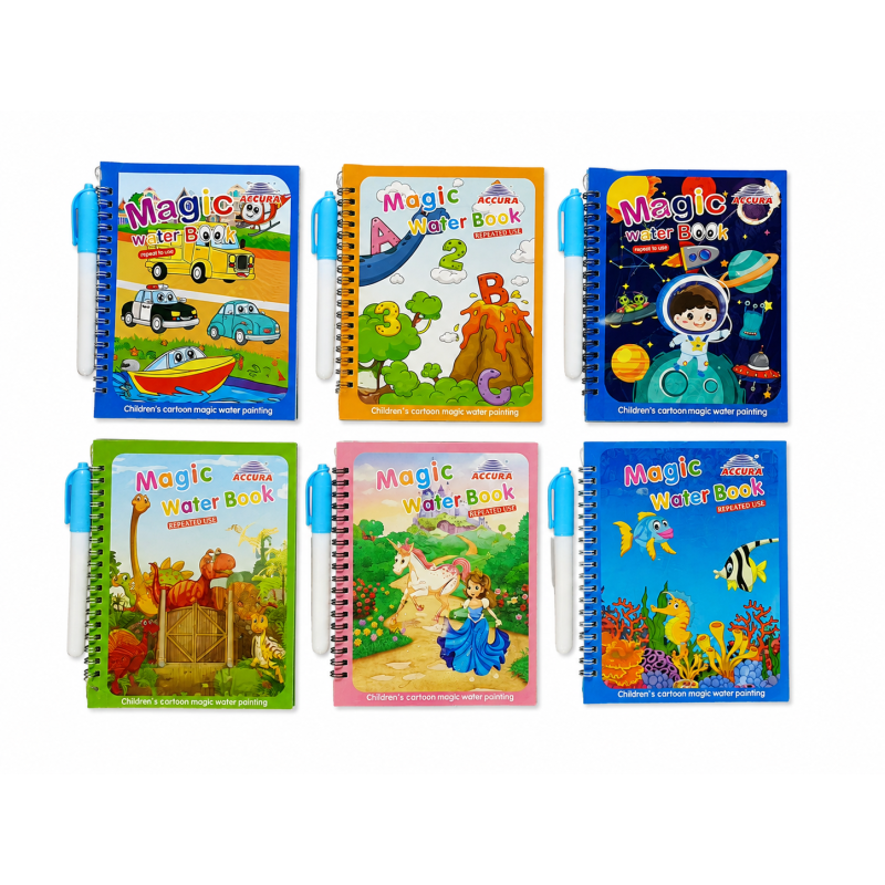 Magic Water Coloring Book Set for Kids – 6 Reusable Water Painting Books with 6 Water Pens, No-Mess Drawing & Writing Activity Book, Educational Learning Toy for Boys & Girls 3+ Years