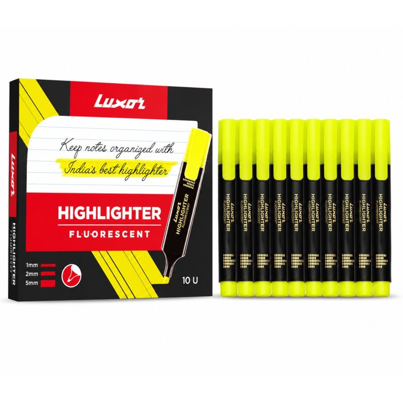 Luxor Fluorescent Highlighter Pen Collection | Pack of 10 Yellow Highlighter Markers | Chisel Tip | Fast Dry Smudge-Free Ink | Office, School, Study & Journaling