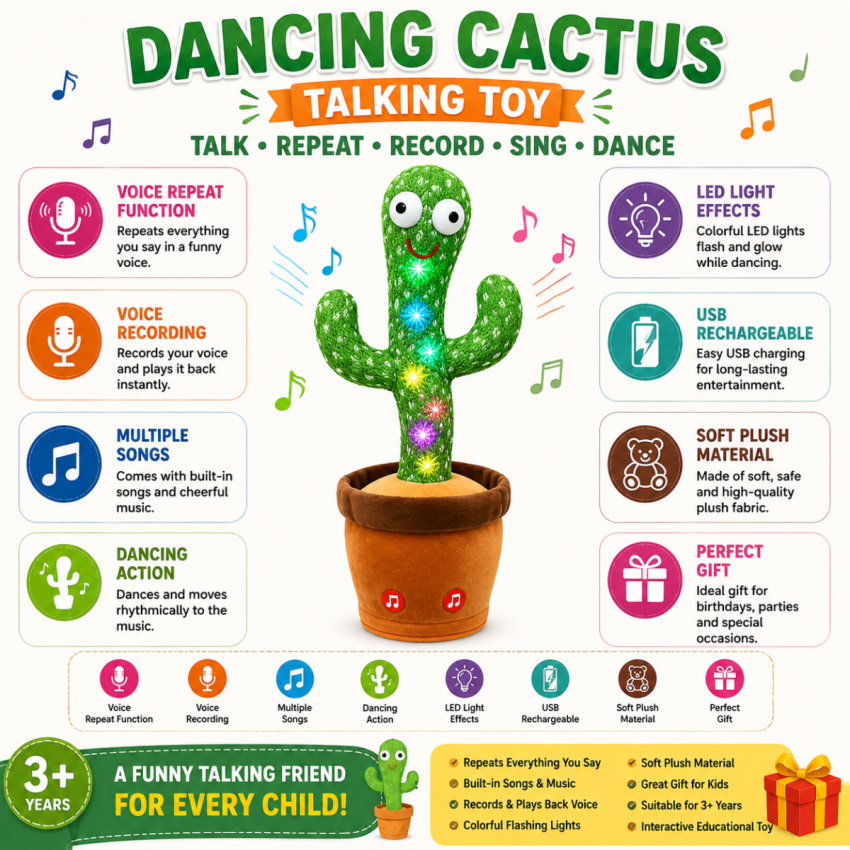 Dancing Cactus Talking Toy with Repeat Voice Recording, Singing, Dancing, LED Lights & Mimic Function | Interactive Musical Plush Cactus Toy for Kids Boys & Girls (3+ Years)