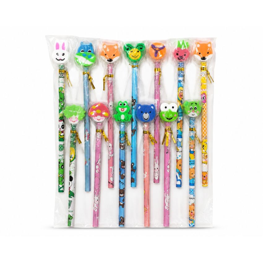 Pack of 24 Colourful Cartoon Pencils with Cute Animal Top Erasers | Wooden HB Graphite Writing Pencils | Kids School Stationery Set | Non-Toxic Gift Pack for Boys & Girls