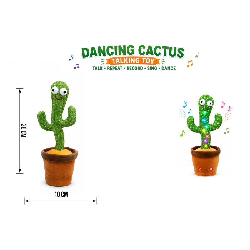 Dancing Cactus Talking Toy with Repeat Voice Recording, Singing, Dancing, LED Lights & Mimic Function | Interactive Musical Plush Cactus Toy for Kids Boys & Girls (3+ Years)