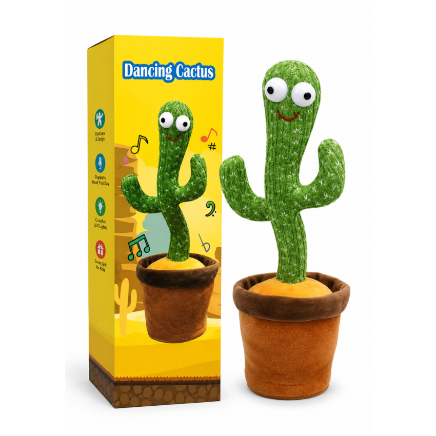 Dancing Cactus Talking Toy with Repeat Voice Recording, Singing, Dancing, LED Lights & Mimic Function | Interactive Musical Plush Cactus Toy for Kids Boys & Girls (3+ Years)