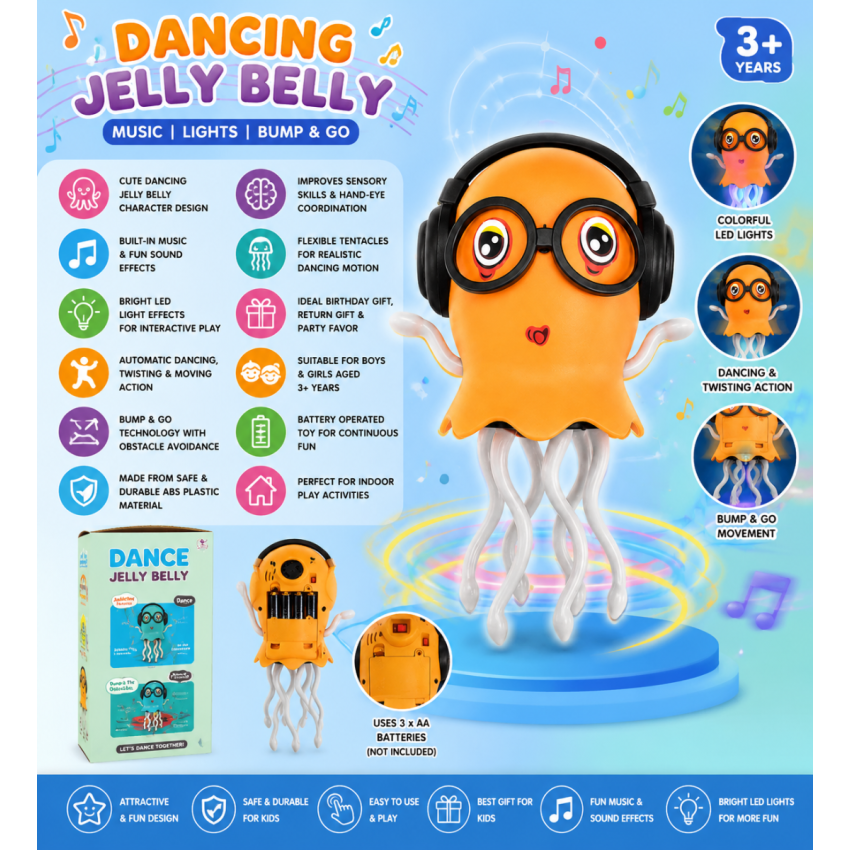 Dancing Jelly Belly Musical Jellyfish Toy with Bump & Go Action, LED Lights, Sound Effects & Flexible Tentacles for Kids 3+ Years