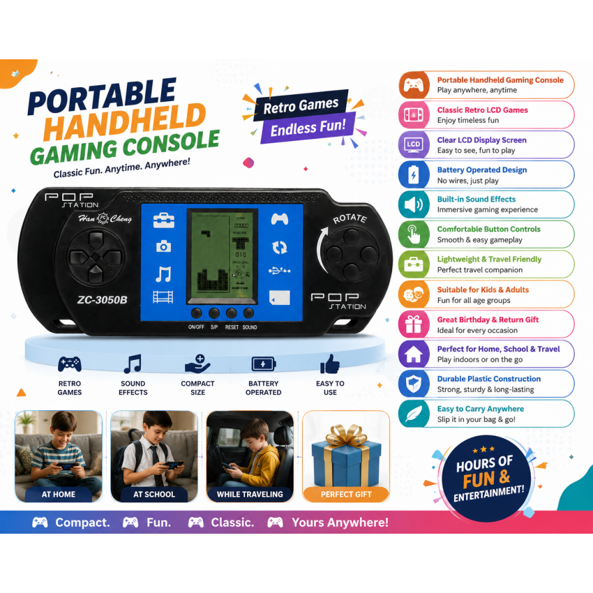 Portable Handheld Game Console for Kids | LCD Screen Electronic Brick Game | Classic Retro Gaming Console | Battery Operated | Lightweight Travel Gaming Device | Black