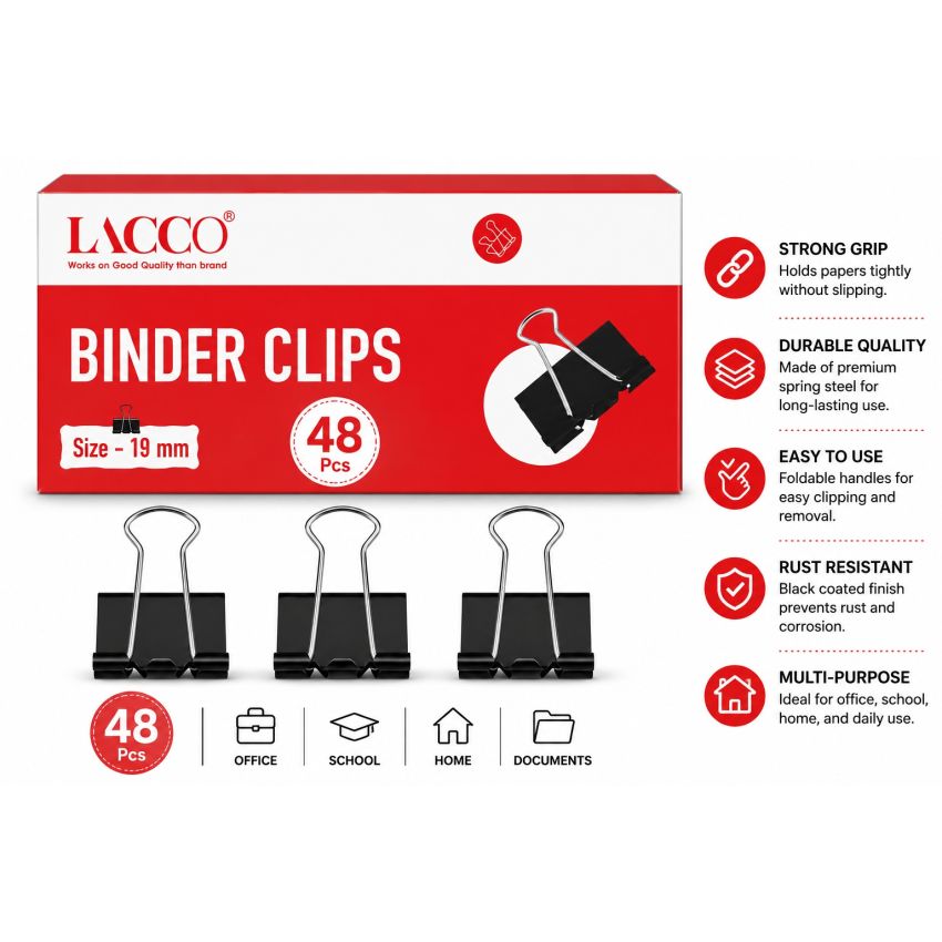 LACCO Binder Clips 19mm – Pack of 48 Pcs | Premium Black Metal Paper Binder Clips | Strong Office Clips for Documents, Files, School & Home Organization