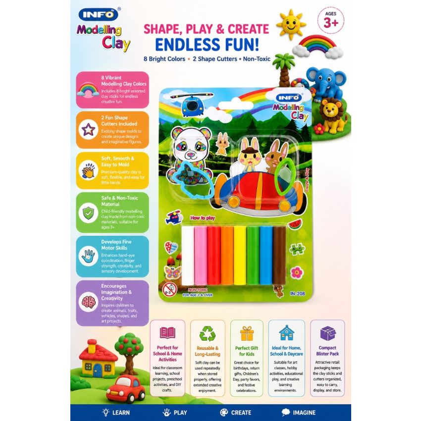 Pack of 3 Colorful Modelling Clay Set for Kids with Shape Cutters | 8 Assorted Non-Toxic Clay Sticks | DIY Art & Craft Learning Toy | Ages 3+