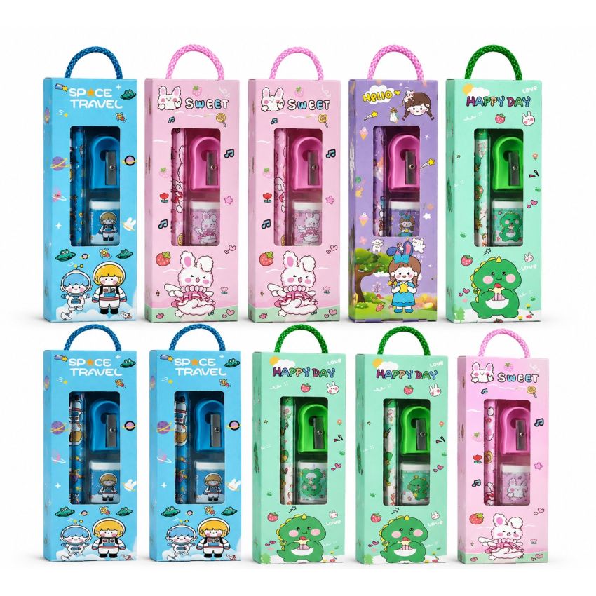 Birthday Party Return Gifts Mix Stationery Kit Set for Kids (Pack of 10) | Fancy Gift Box with Pencil, Ruler, Eraser & Sharpener | Cute Cartoon Theme | School Stationery Gift Set