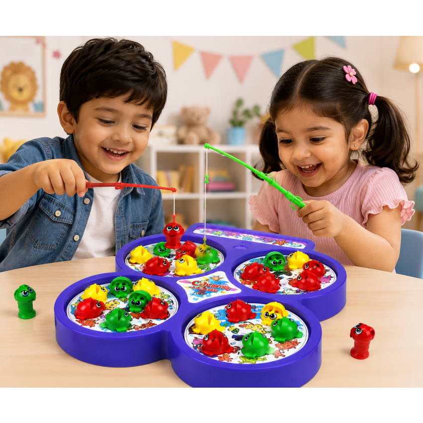 Fishing Game Toy for Kids Boys & Girls with Rotating Board, 32 Fish & 4 Fishing Rods | Musical Fish Catching Game Toy