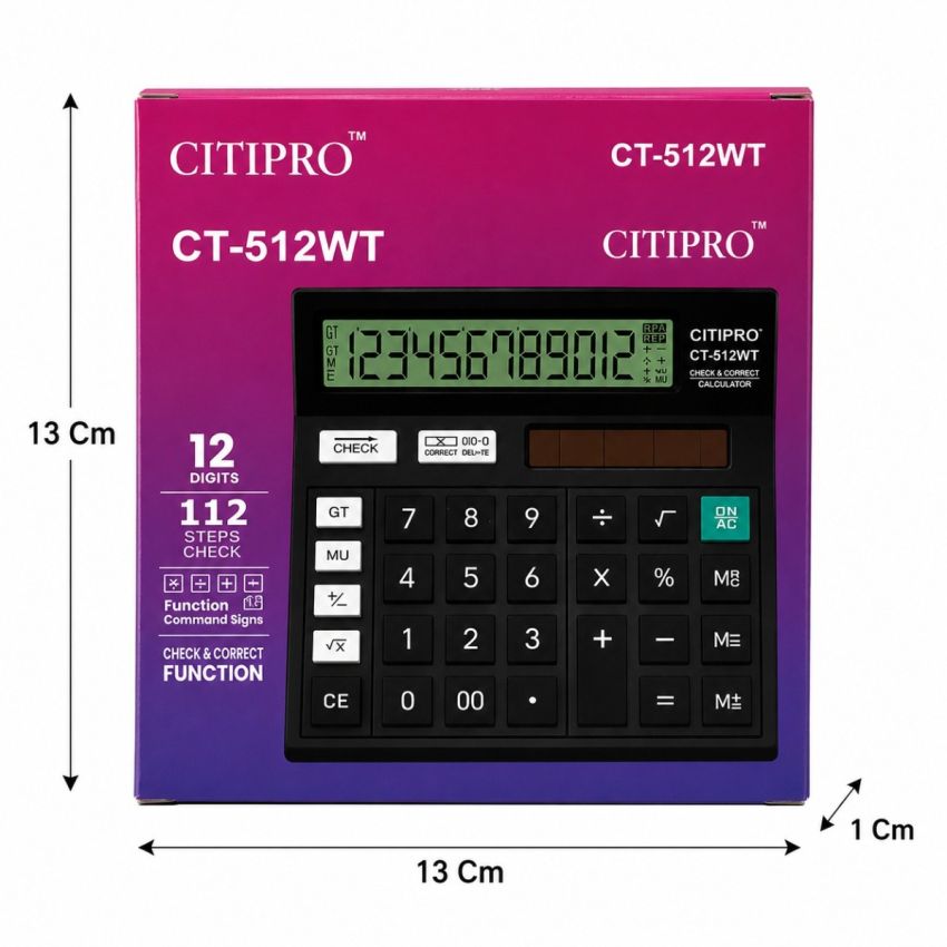 CITIPRO CT-512WT 12 Digit Check & Correct Calculator | Desktop Electronic Calculator with Large Display, Solar & Battery Powered | Office, School & Business Use