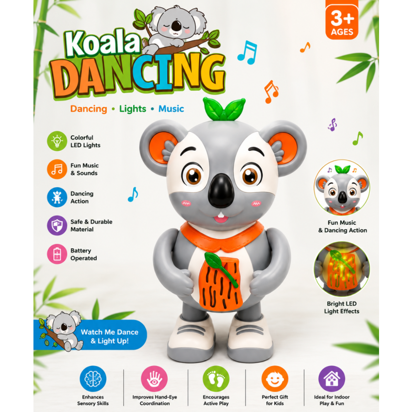 Koala Dancing Toy with Music & LED Lights | Battery Operated Musical Dancing Koala with Swinging Arms, Moving Legs & Body Movement | Interactive Educational Toy for Kids Boys & Girls 3+ Years