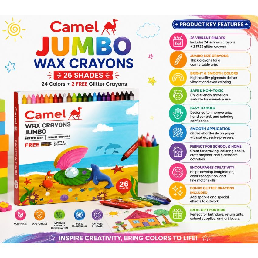 Camel Jumbo Wax Crayons 26 Shades (24 + 2 Free Glitter Crayons) | Bright & Smooth Coloring Crayons for Kids | Non-Toxic Jumbo Wax Colors | Art & Craft Drawing Kit for School & Home