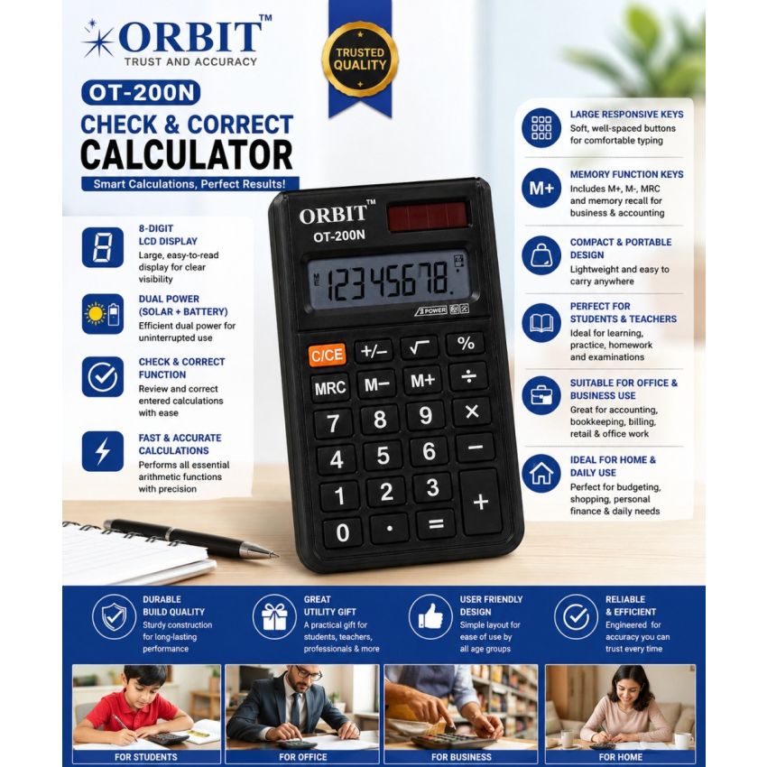 Orbit OT-200N Check & Correct Calculator | 8 Digit Desktop Calculator with Solar & Battery Power | Portable Office Calculator for School, Home & Business