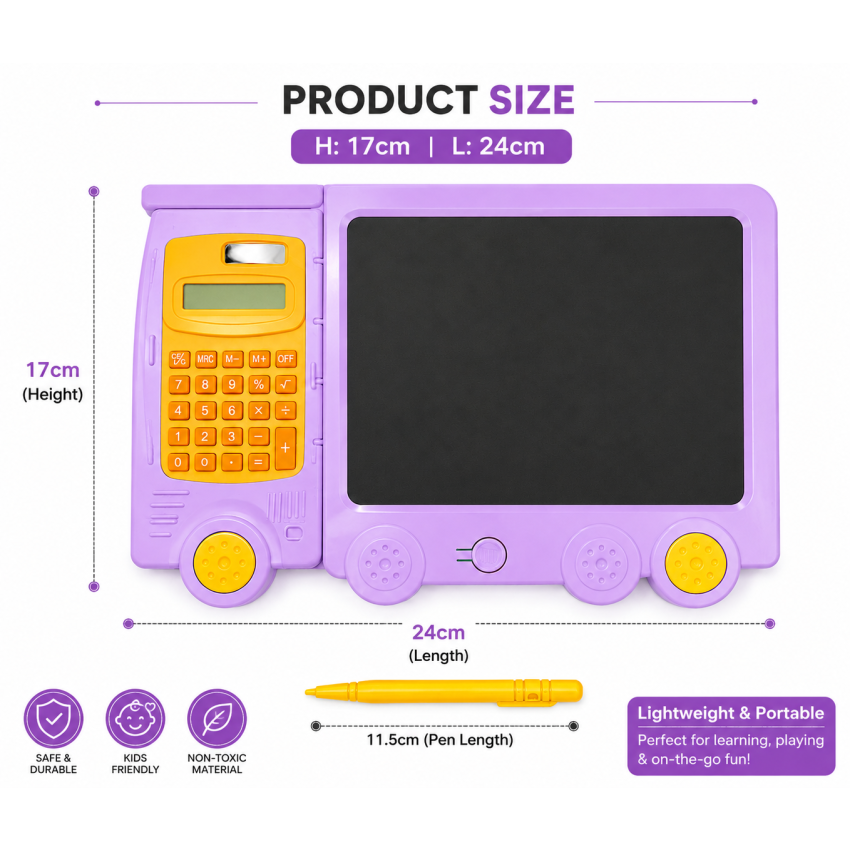 Kids LCD Writing Tablet with Calculator – Colourful Purple Drawing & Writing Board with Stylus Pen, Reusable Erasable Screen, Educational Learning Toy for Boys & Girls 3+ Years
