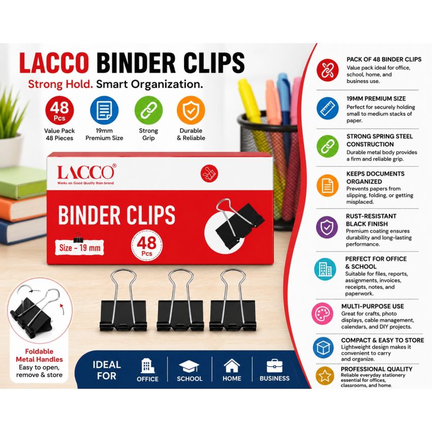 LACCO Binder Clips 19mm – Pack of 48 Pcs | Premium Black Metal Paper Binder Clips | Strong Office Clips for Documents, Files, School & Home Organization