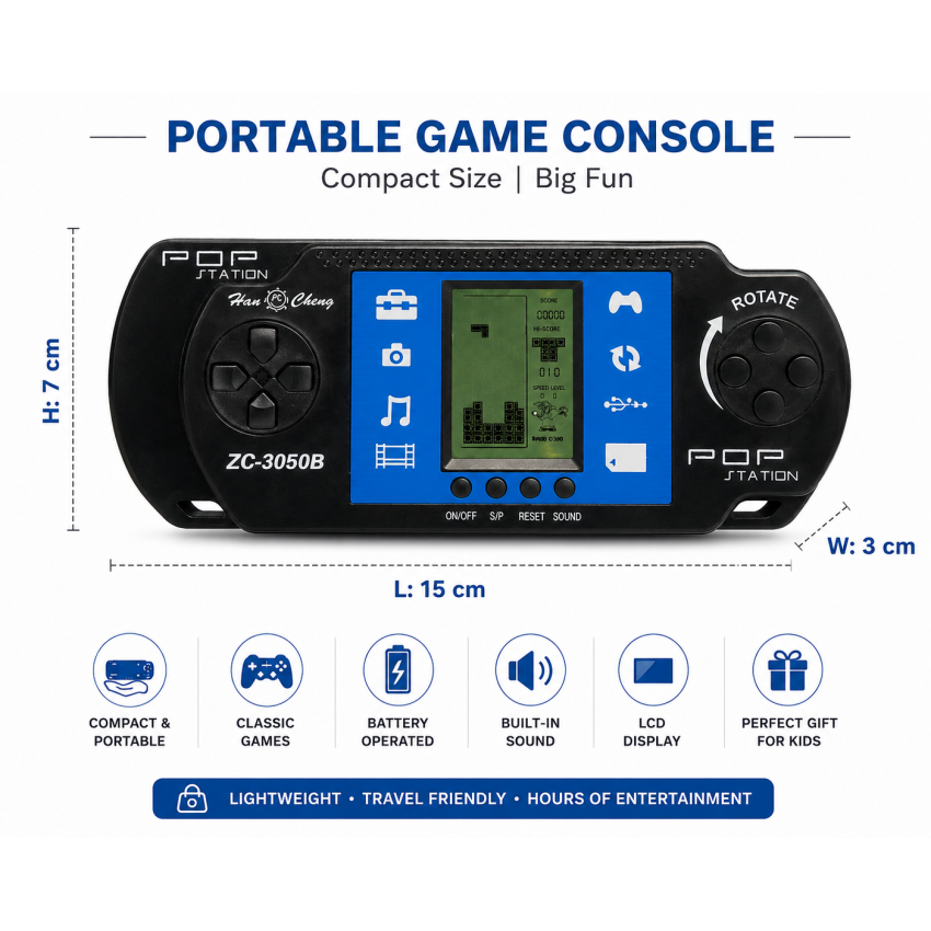 Portable Handheld Game Console for Kids | LCD Screen Electronic Brick Game | Classic Retro Gaming Console | Battery Operated | Lightweight Travel Gaming Device | Black