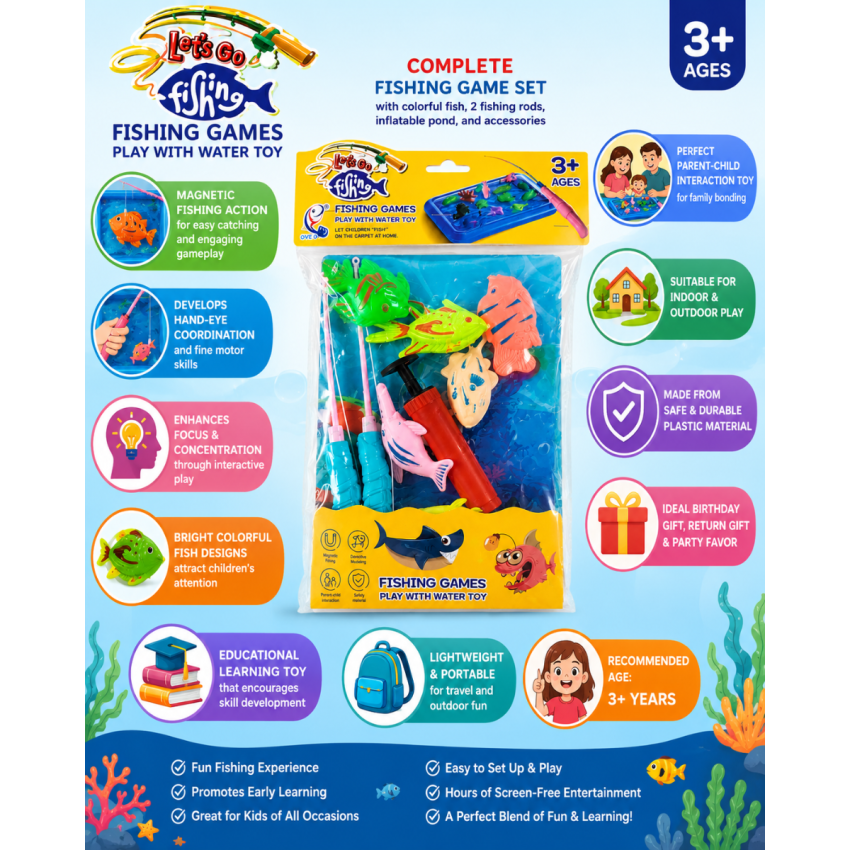 Let's Go Fishing Magnetic Fishing Game Set for Kids | Water Play Fishing Toy with 2 Fishing Rods, Floating Fish & Inflatable Pond | Educational Indoor Outdoor Toy for Boys & Girls 3+ Years