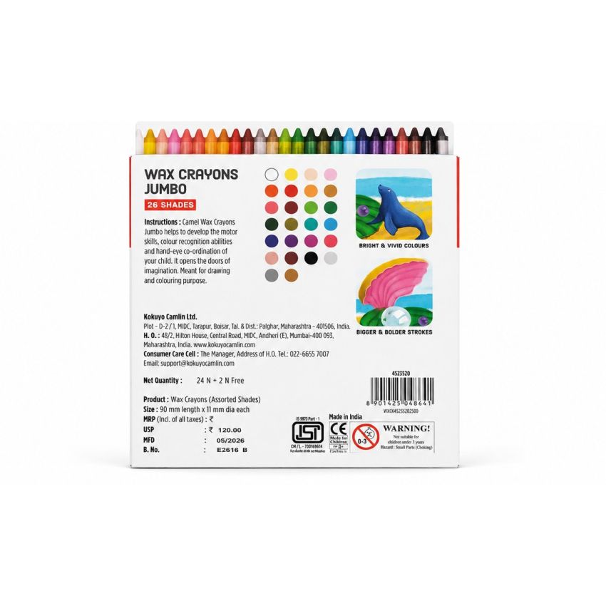 Camel Jumbo Wax Crayons 26 Shades (24 + 2 Free Glitter Crayons) | Bright & Smooth Coloring Crayons for Kids | Non-Toxic Jumbo Wax Colors | Art & Craft Drawing Kit for School & Home