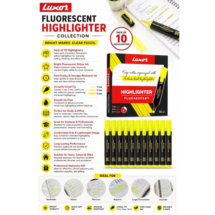 Luxor Fluorescent Highlighter Pen Collection | Pack of 10 Yellow Highlighter Markers | Chisel Tip | Fast Dry Smudge-Free Ink | Office, School, Study & Journaling
