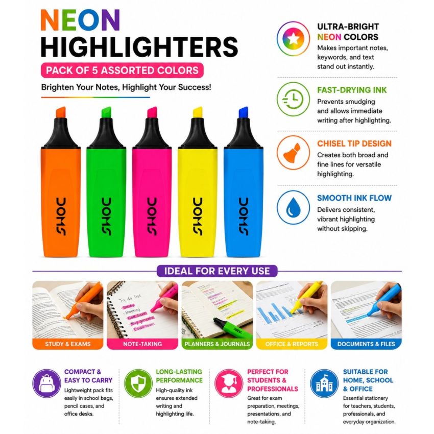 DOMS Super Neon Highlighter Pens Set of 5 | Assorted Fluorescent Colors | Chisel Tip | Fast Dry Ink | Office, School & Study Marker