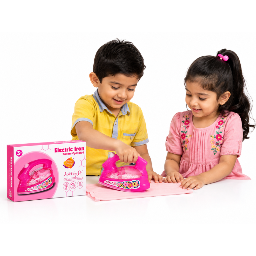Toy Electric Iron for Kids – Battery Operated Pretend Play Iron with Light & Sound, Mini Household Role Play Toy for Boys & Girls (Pink, 3+ Years)