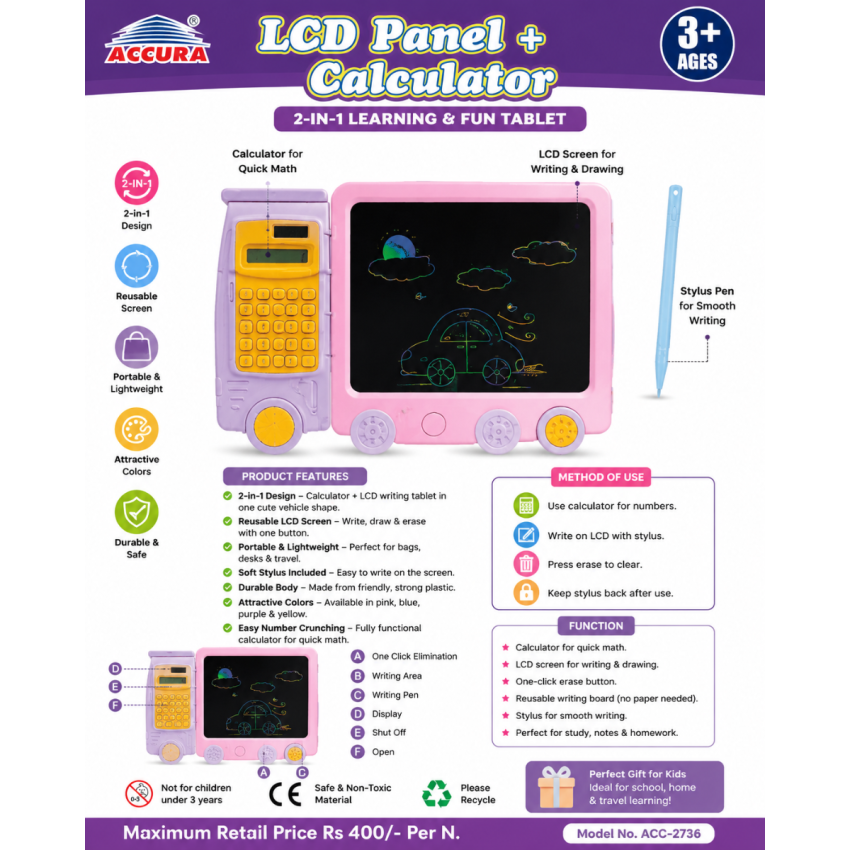 Kids LCD Writing Tablet with Calculator – Colourful Purple Drawing & Writing Board with Stylus Pen, Reusable Erasable Screen, Educational Learning Toy for Boys & Girls 3+ Years