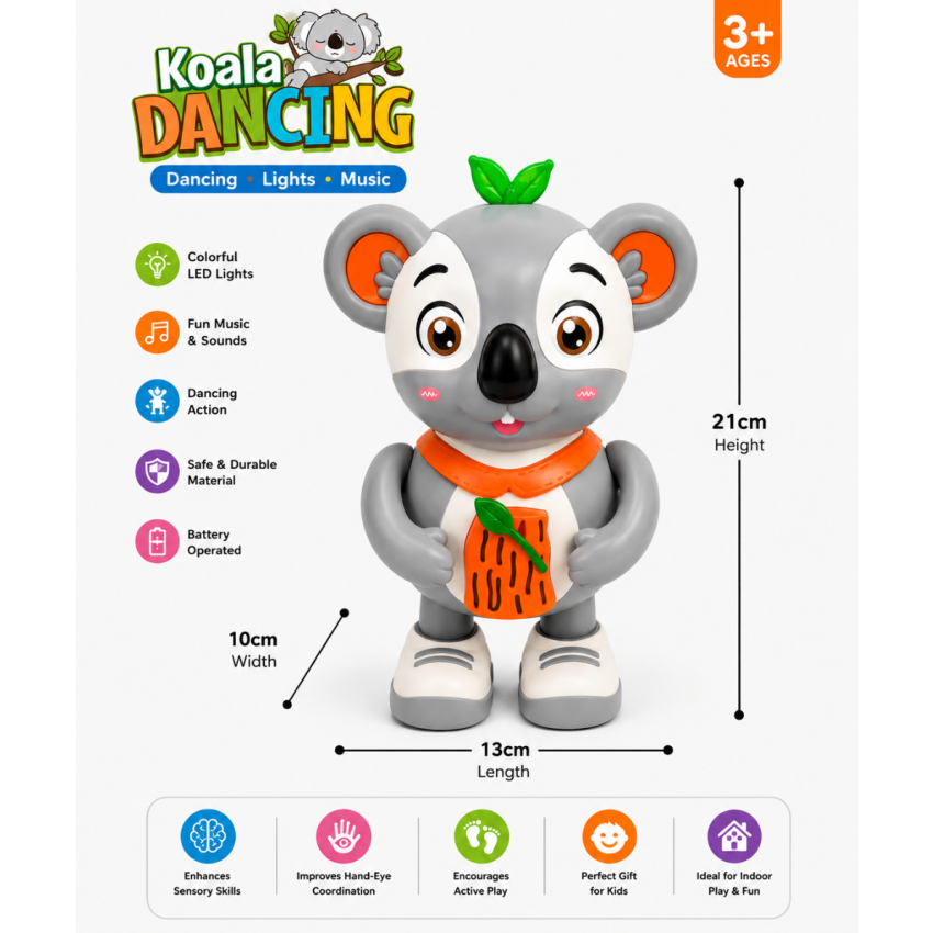 Koala Dancing Toy with Music & LED Lights | Battery Operated Musical Dancing Koala with Swinging Arms, Moving Legs & Body Movement | Interactive Educational Toy for Kids Boys & Girls 3+ Years