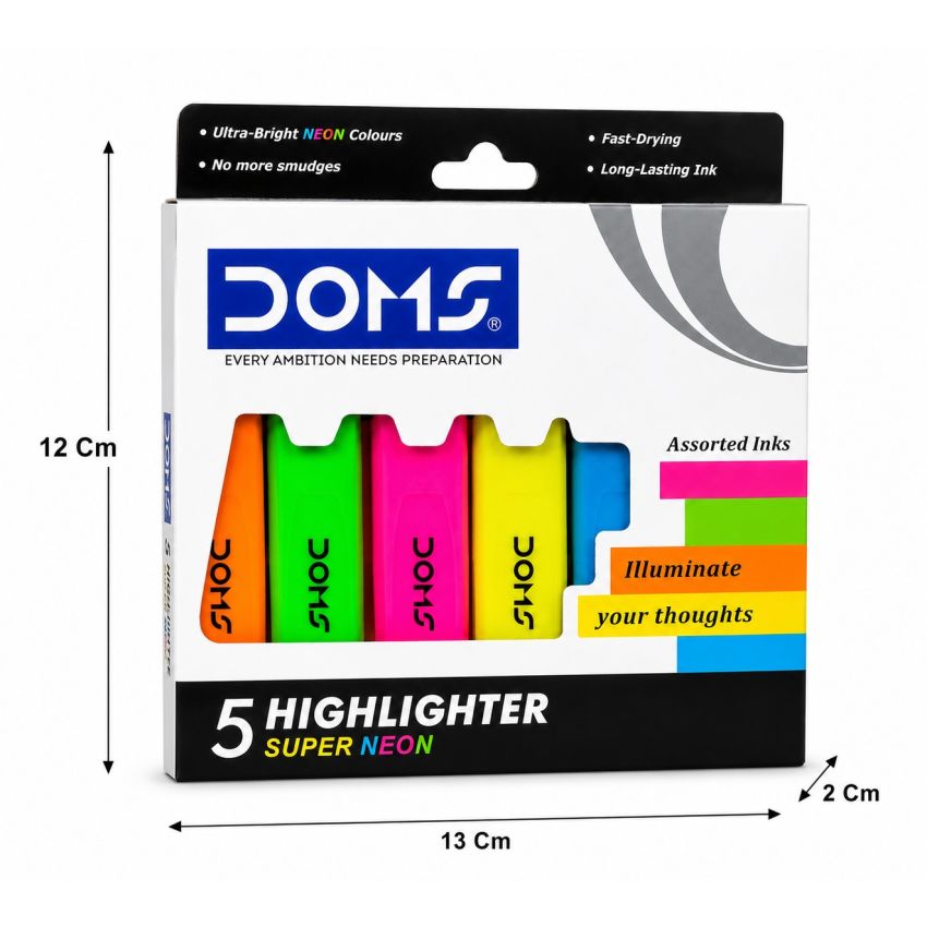 DOMS Super Neon Highlighter Pens Set of 5 | Assorted Fluorescent Colors | Chisel Tip | Fast Dry Ink | Office, School & Study Marker