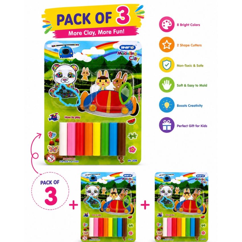 Pack of 3 Colorful Modelling Clay Set for Kids with Shape Cutters | 8 Assorted Non-Toxic Clay Sticks | DIY Art & Craft Learning Toy | Ages 3+