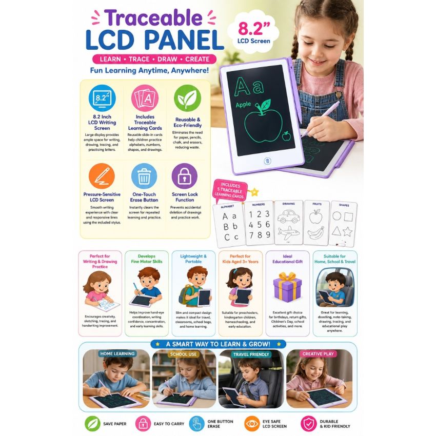 8.2 Inch Traceable LCD Writing Tablet for Kids with Reusable Trace Cards & Stylus | Learning Drawing Pad | Handwriting Practice Board | Educational Toy | 3+ Years