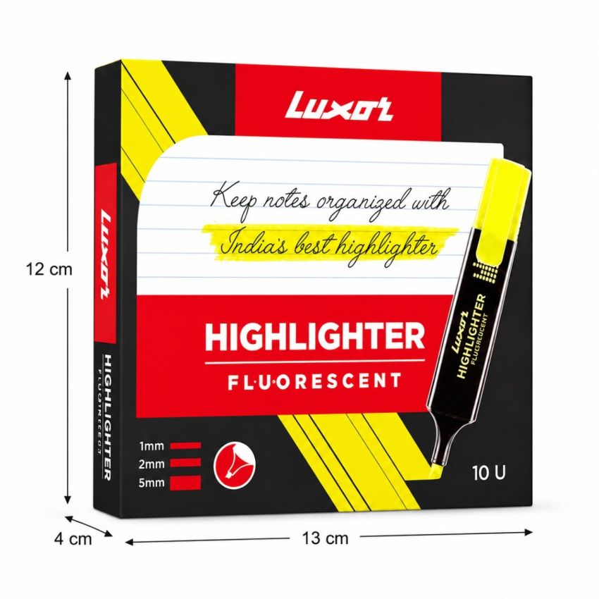 Luxor Fluorescent Highlighter Pen Collection | Pack of 10 Yellow Highlighter Markers | Chisel Tip | Fast Dry Smudge-Free Ink | Office, School, Study & Journaling