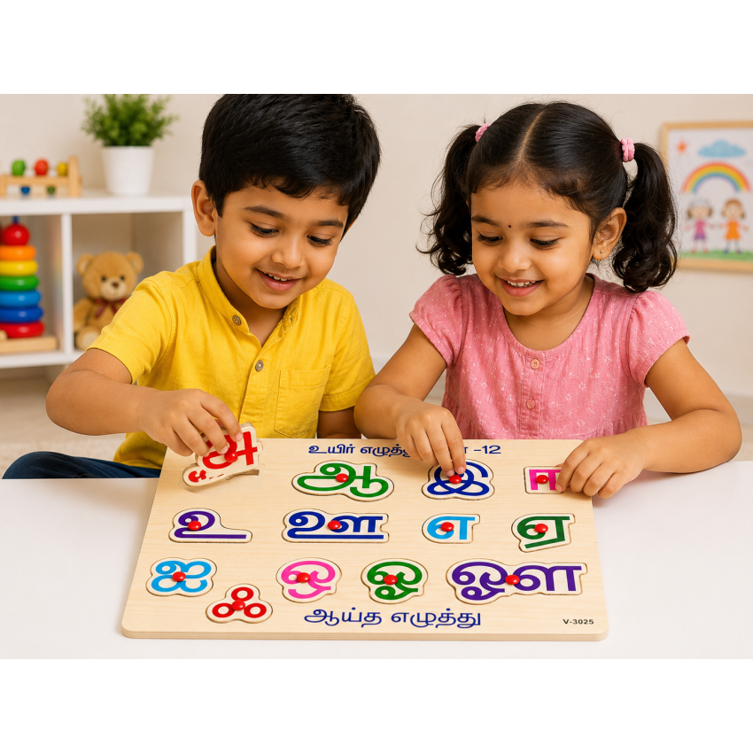 Colourful Tamil Wooden Puzzle Board for Kids | Tamil Uyir Ezhuthukkal Learning Toy | Educational Wooden Alphabet Puzzle with Knobs