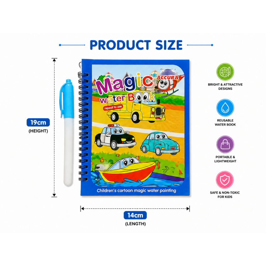 Magic Water Coloring Book Set for Kids – 6 Reusable Water Painting Books with 6 Water Pens, No-Mess Drawing & Writing Activity Book, Educational Learning Toy for Boys & Girls 3+ Years
