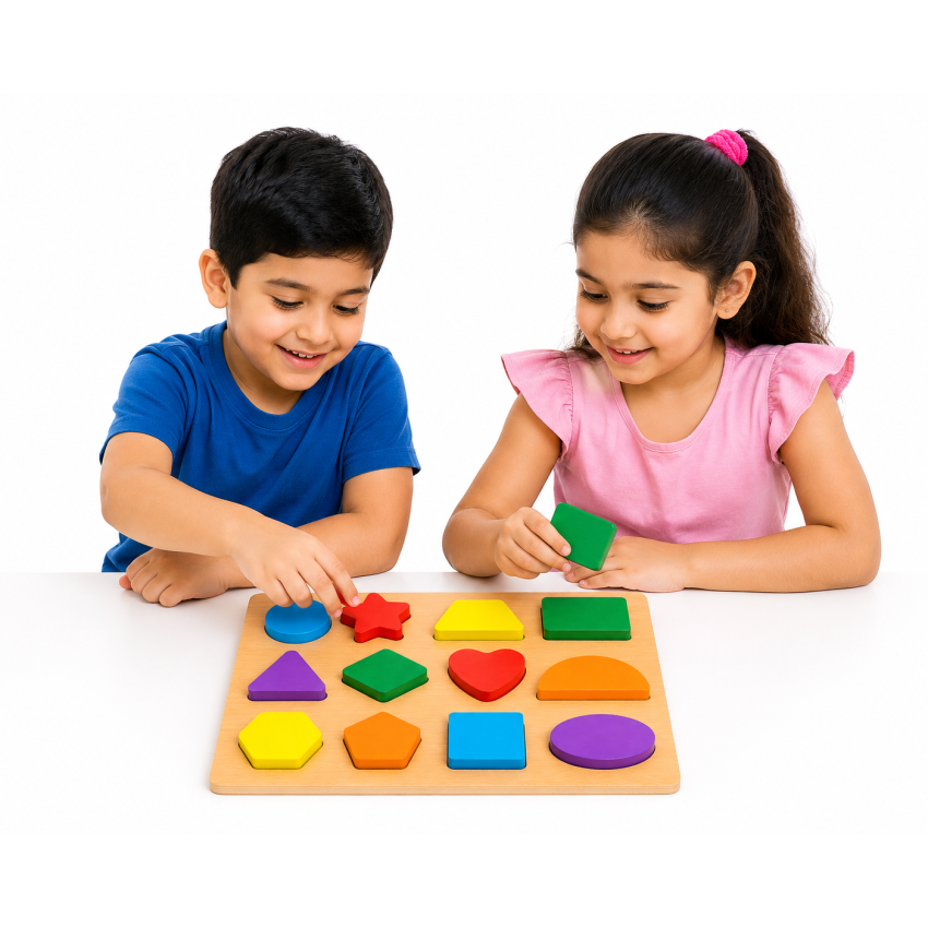 Wooden Shapes Puzzle Board for Kids – Colourful Educational Shape Sorting Learning Toy for Boys & Girls (3+ Years)