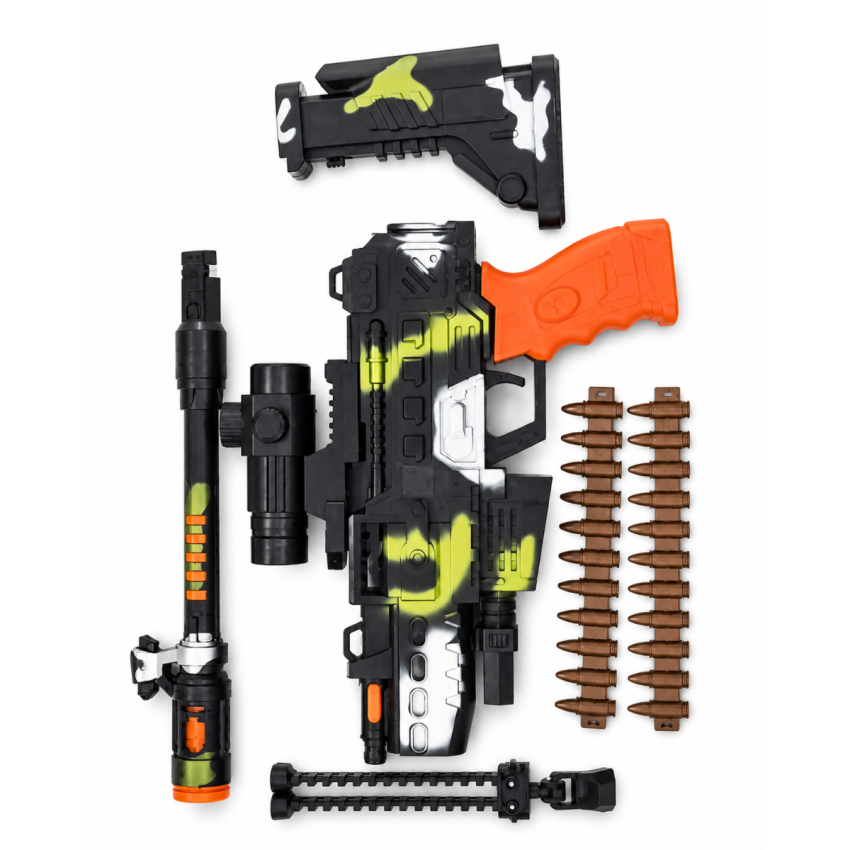 Toy Machine Gun for Kids with Lights & Sound, Battery Operated Gun Toy Set with Scope, Stand & Ammo Belt – Action Military Play Toy for Boys & Girls (Black & Orange)