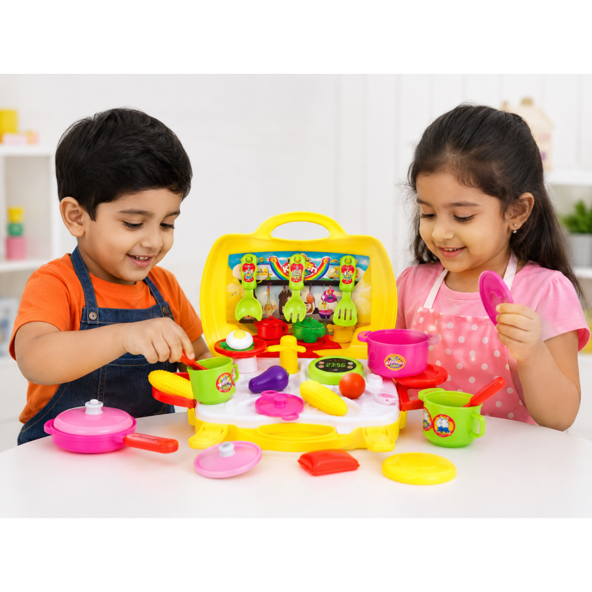 Kids Kitchen Toy Set 26 Pieces | Portable Pretend Play Cooking Set with Suitcase | Mini Kitchen Accessories for Boys & Girls 3+ Years | Educational Role Play Toy
