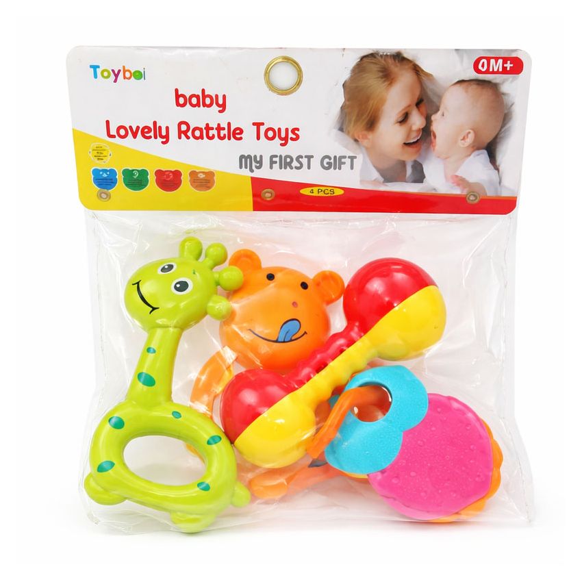 Baby Rattle Toy Set for Newborn (0M+) | Colorful Soft Plastic Infant Toys | Easy Grip Hand Teethers & Sensory Development | 4 Pieces Gift Set