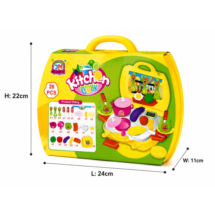 Kids Kitchen Toy Set 26 Pieces | Portable Pretend Play Cooking Set with Suitcase | Mini Kitchen Accessories for Boys & Girls 3+ Years | Educational Role Play Toy