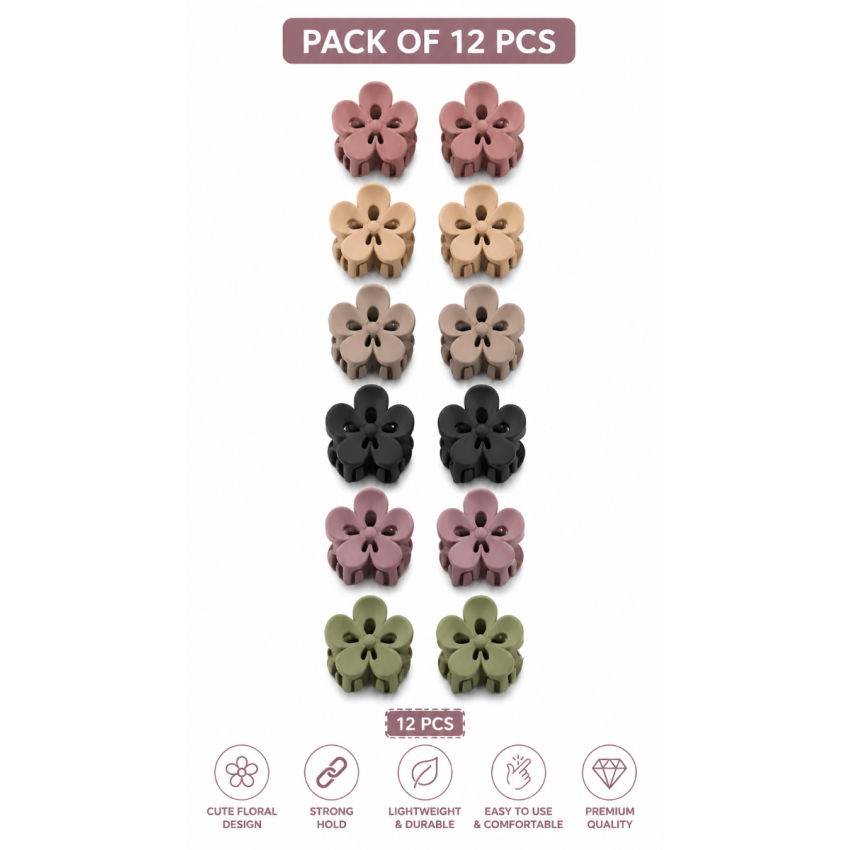 Pack of 12 Flower Shape Mini Hair Claw Clips for Women & Girls | Matte Finish Strong Hold Hair Clutch Clips | Multicolor Cute Hair Accessories