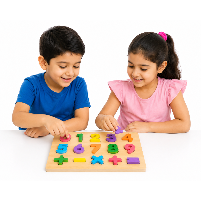 Wooden Number Puzzle Board for Kids – Colourful Educational Math Learning Toy with Numbers & Symbols for Boys & Girls (3+ Years)