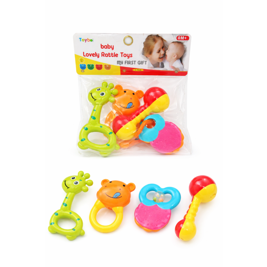 Baby Rattle Toy Set for Newborn (0M+) | Colorful Soft Plastic Infant Toys | Easy Grip Hand Teethers & Sensory Development | 4 Pieces Gift Set