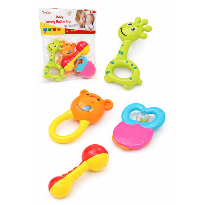 Baby Rattle Toy Set for Newborn (0M+) | Colorful Soft Plastic Infant Toys | Easy Grip Hand Teethers & Sensory Development | 4 Pieces Gift Set