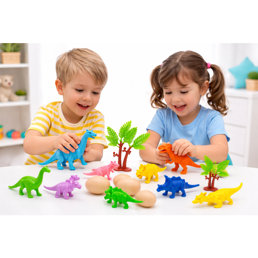 Dinosaur Toy Set for Kids (12+ Pieces) | Colourful Roarsome Dino Figures with Eggs & Trees | Educational Learning Toys for Toddlers | Jurassic Animal Play Set for Boys & Girls (3+ Years)