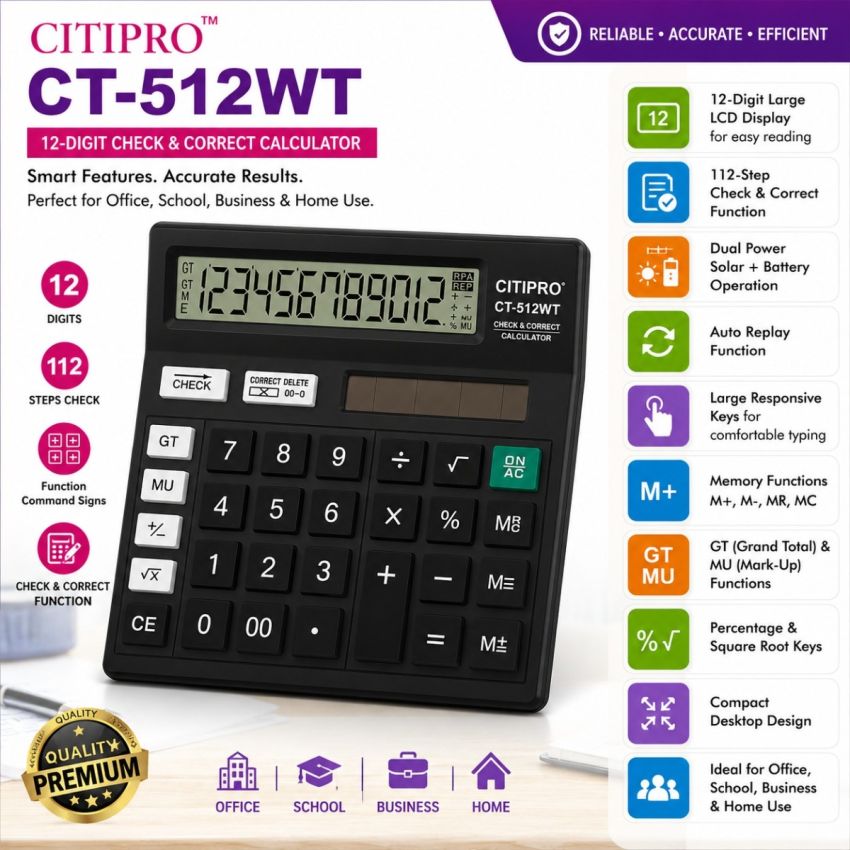 CITIPRO CT-512WT 12 Digit Check & Correct Calculator | Desktop Electronic Calculator with Large Display, Solar & Battery Powered | Office, School & Business Use