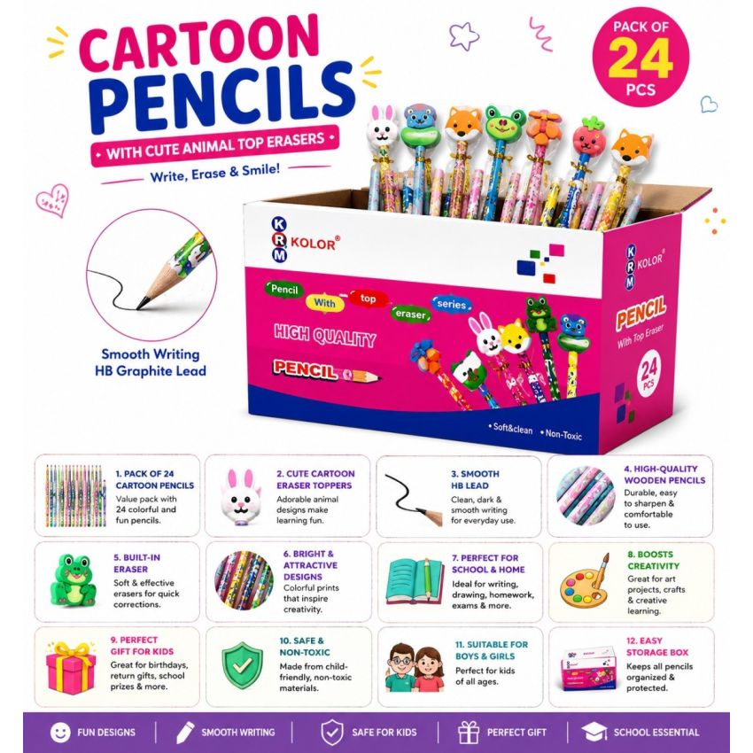 Pack of 24 Colourful Cartoon Pencils with Cute Animal Top Erasers | Wooden HB Graphite Writing Pencils | Kids School Stationery Set | Non-Toxic Gift Pack for Boys & Girls